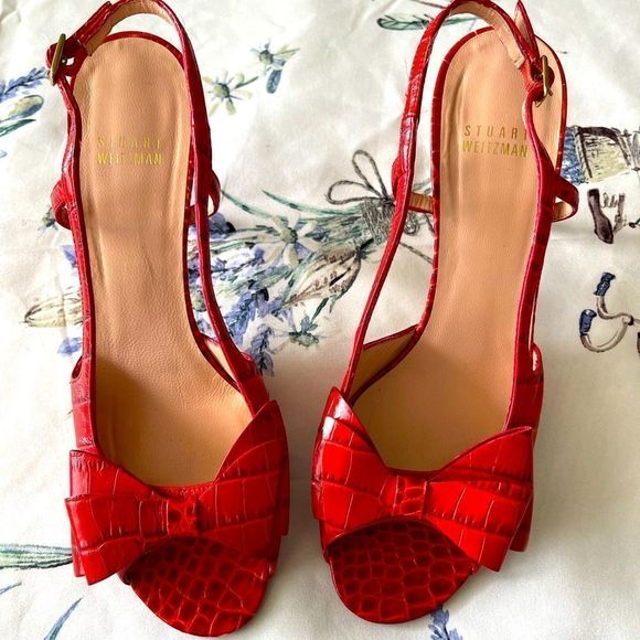 Stuart Weitzman Red Croc Embossed Sandal heels - Picture 1 of 10